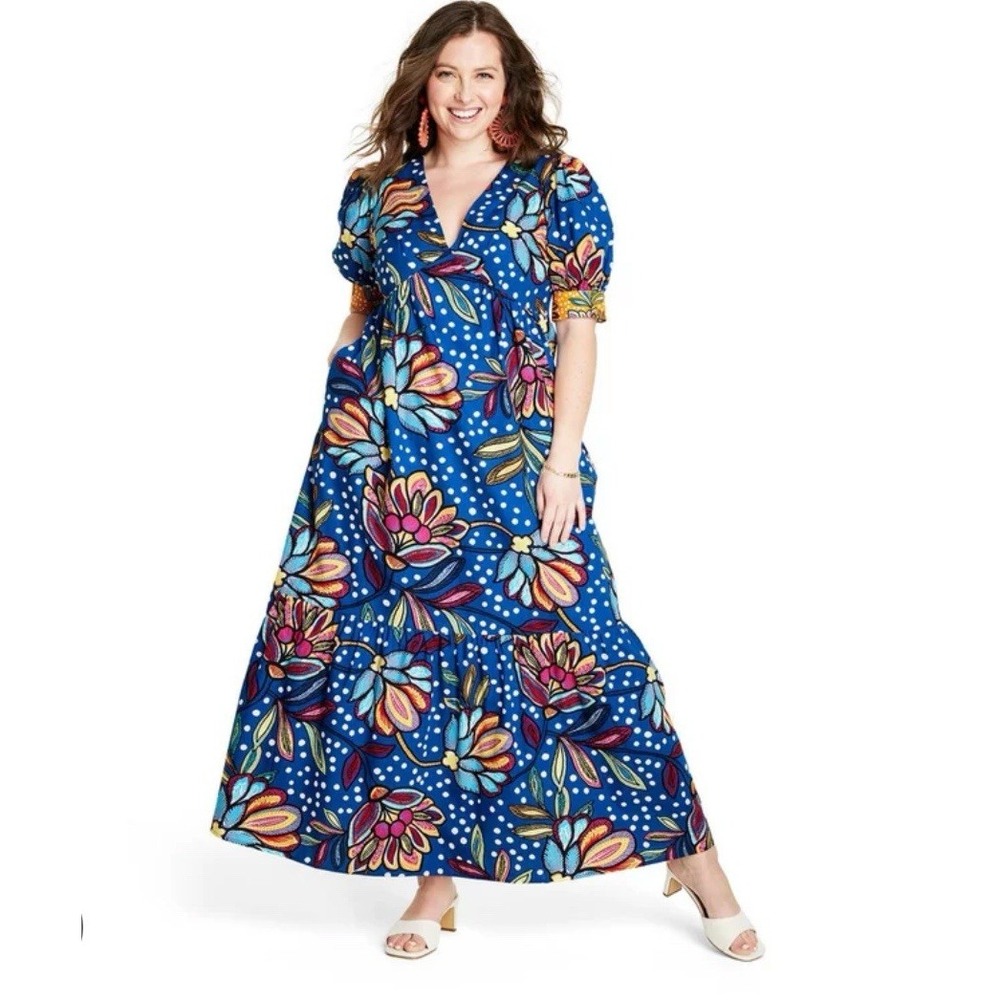 Tabitha‎ Brown for Target Womens Mixed Floral Polka Dot Blue Midi Dress 4 Preppy